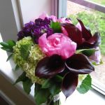 pink peony, purple mini calla lily bridal bouquet