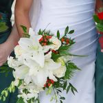 white lily and red rose cascade bridal bouquet