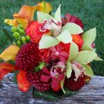 fall colored orchis, dahlia and rose bridal bouquet